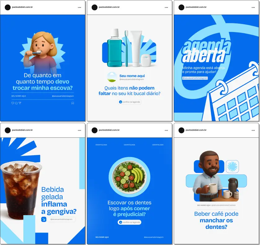 Pack de templates editáveis no Canva para profissionais de Odontologia, abordando temas como higiene bucal, cuidados para adultos e crianças, alimentação e impacto na saúde dental. Perfeito para manter o Instagram coeso e educativo.