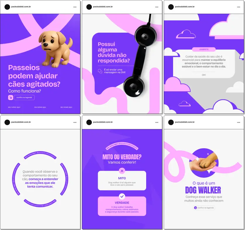 Pack de templates editáveis no Canva para serviços de Dog Walking, abordando temas como qualidade de vida do cão, exercícios, rotina equilibrada e confiança entre tutor e profissional. Ajuda a construir comunicação clara e acolhedora.