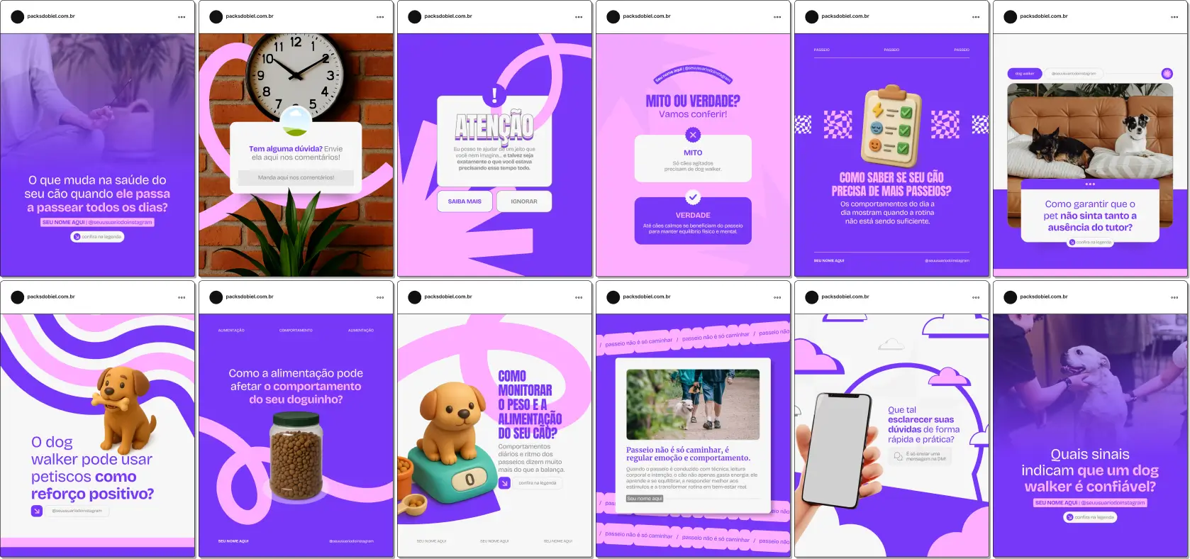 Pack de posts no Canva para Dog Walker, com palavras-chave como comportamento saudável, atividade física, rotina de passeios, cães ansiosos e orientação para tutores. Perfeito para criar um feed coerente e educativo.