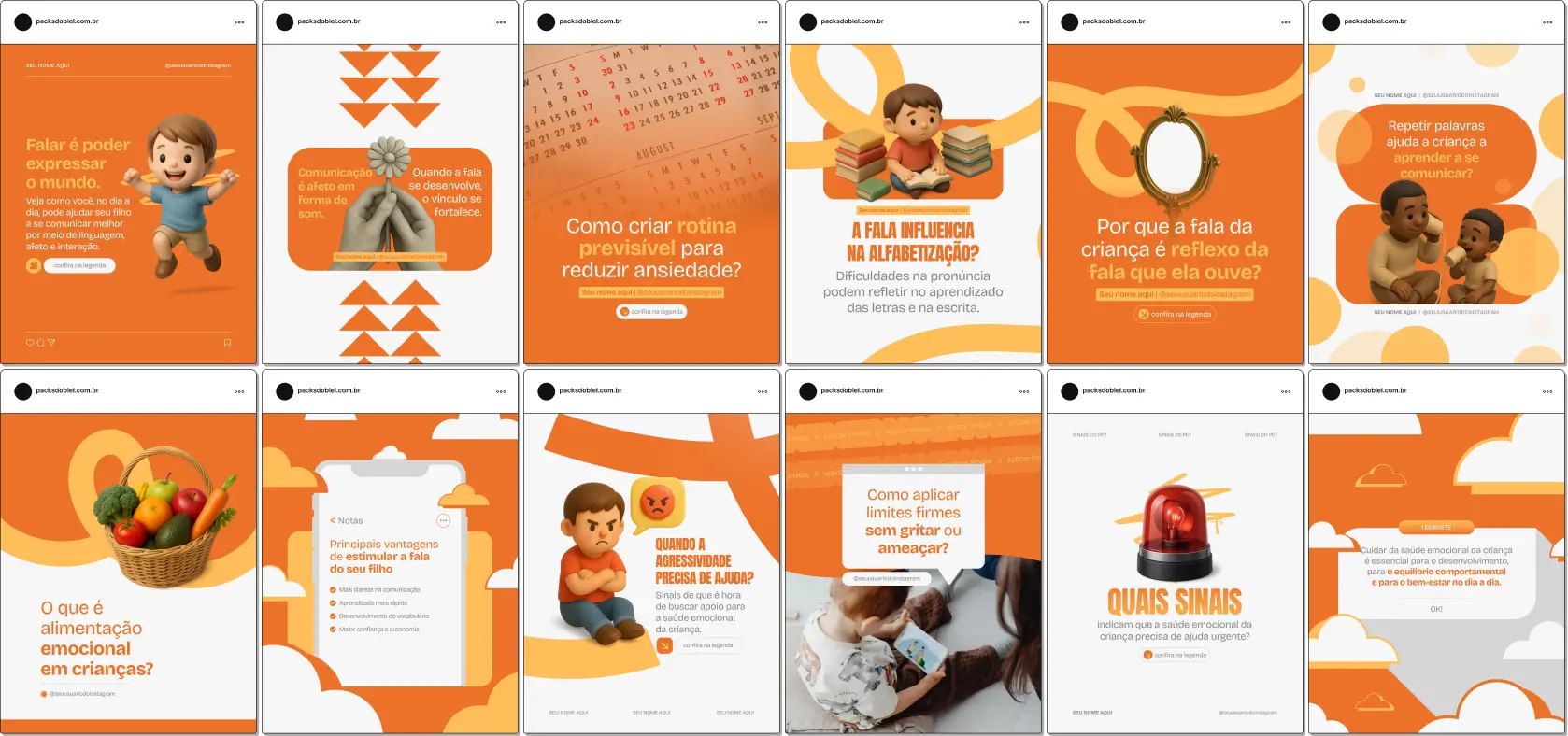 Pack de templates editáveis no Canva para Educação Parental, voltado para conteúdos sobre limites saudáveis, conexão, comportamento infantil, apoio emocional e práticas diárias entre pais e filhos. Ajuda a manter o Instagram coerente, claro e com estética profissional.