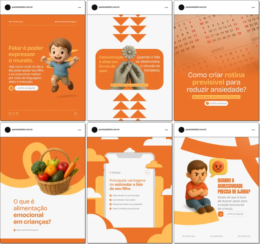 Pack de posts editáveis no Canva para Educadores Parentais, utilizando palavras-chave como parentalidade positiva, disciplina respeitosa, emoções das crianças, escuta ativa e fortalecimento do vínculo familiar. Perfeito para quem busca transmitir credibilidade e educar famílias no Instagram.
