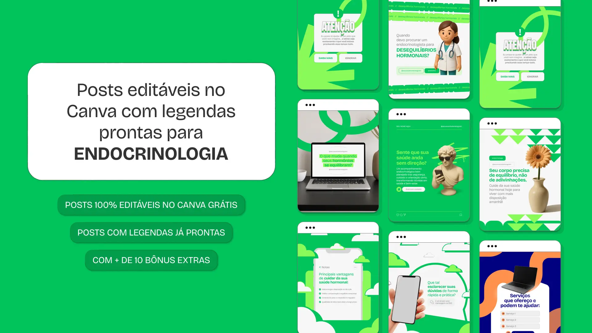Imagem de um Pack Canva Endocrinologia, com posts, templates e artes editáveis para Instagram e redes sociais, ideal para endocrinologistas, clínicas especializadas e profissionais de saúde, que desejam fortalecer a presença digital, engajar pacientes e criar um perfil visualmente atrativo e profissional.