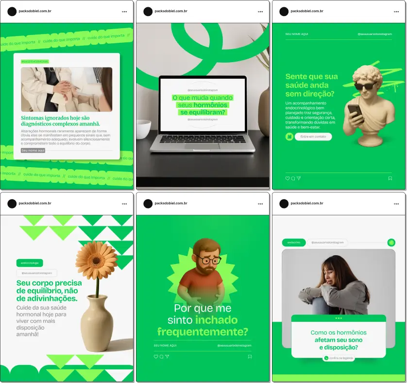 Kit de posts e templates no Canva para Endocrinologia, com materiais personalizáveis e design moderno, desenvolvido para profissionais e clínicas de endocrinologia que buscam fortalecer a autoridade online, melhorar a identidade visual e destacar o perfil no Instagram.