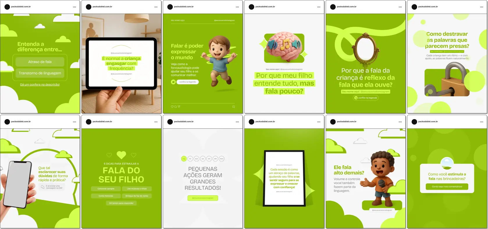 Kit de posts prontos e artes editáveis para Fonoaudióloga Infantil, com conteúdos explicativos, educativos e visuais profissionais para Instagram, Facebook e redes sociais voltadas à fonoaudiologia e desenvolvimento da fala infantil.