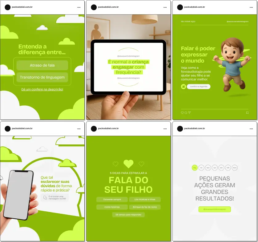 Kit de posts editáveis no Canva para Fonoaudiólogos Infantis, com conteúdos educativos e visuais atrativos sobre terapias de fala, linguagem e comunicação. Ideal para fortalecer a autoridade nas redes sociais e atrair novos pacientes.