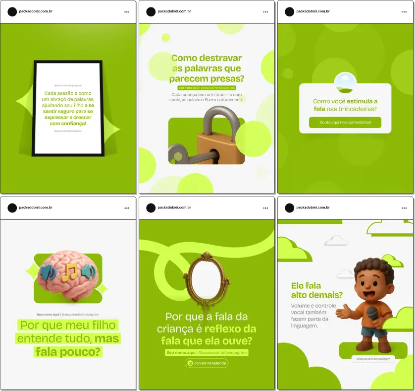 Imagem de um Pack Canva Fono Infantil com posts e artes editáveis para Instagram, voltado para fonoaudiólogos que atendem crianças. Inclui conteúdos explicativos sobre desenvolvimento da fala, linguagem e comunicação infantil.