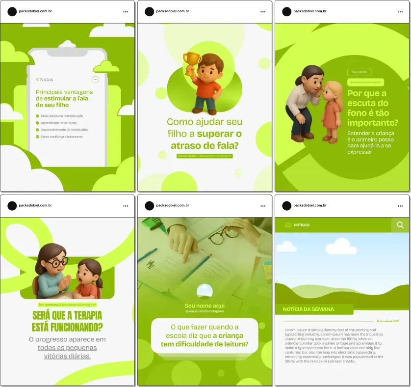 Imagem de um Pack Canva para Fonoaudióloga Infantil, com posts, templates e conteúdos prontos para Instagram e redes sociais, voltados para profissionais que atuam em desenvolvimento da fala, linguagem e comunicação infantil, incluindo dicas educativas, estimulação da linguagem e materiais visuais para engajar pais e responsáveis.