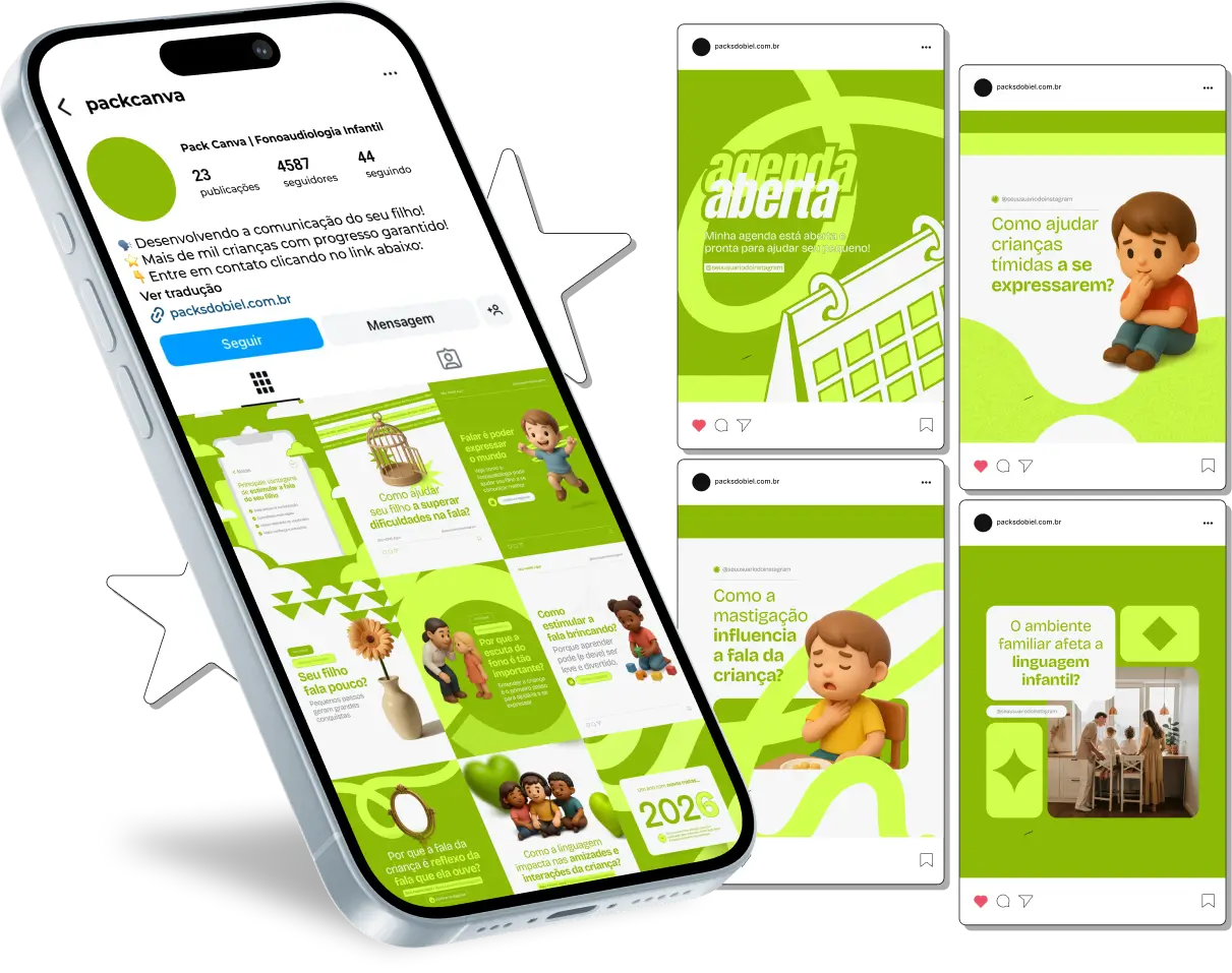 Com este Pack Canva de Fonoaudiologia Infantil, você terá posts educativos e motivacionais sobre exercícios de fala, reabilitação auditiva, desenvolvimento linguístico, atividades lúdicas para crianças, dicas para estimular a comunicação e materiais totalmente personalizáveis para redes sociais.