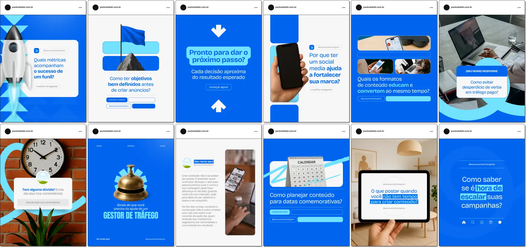 Pack de artes editáveis no Canva para profissionais de tráfego pago que produzem conteúdo sobre Facebook Ads, Google Ads, funil, CPC, ROI e performance, ideal para quem quer reforçar autoridade no Instagram com visual profissional.