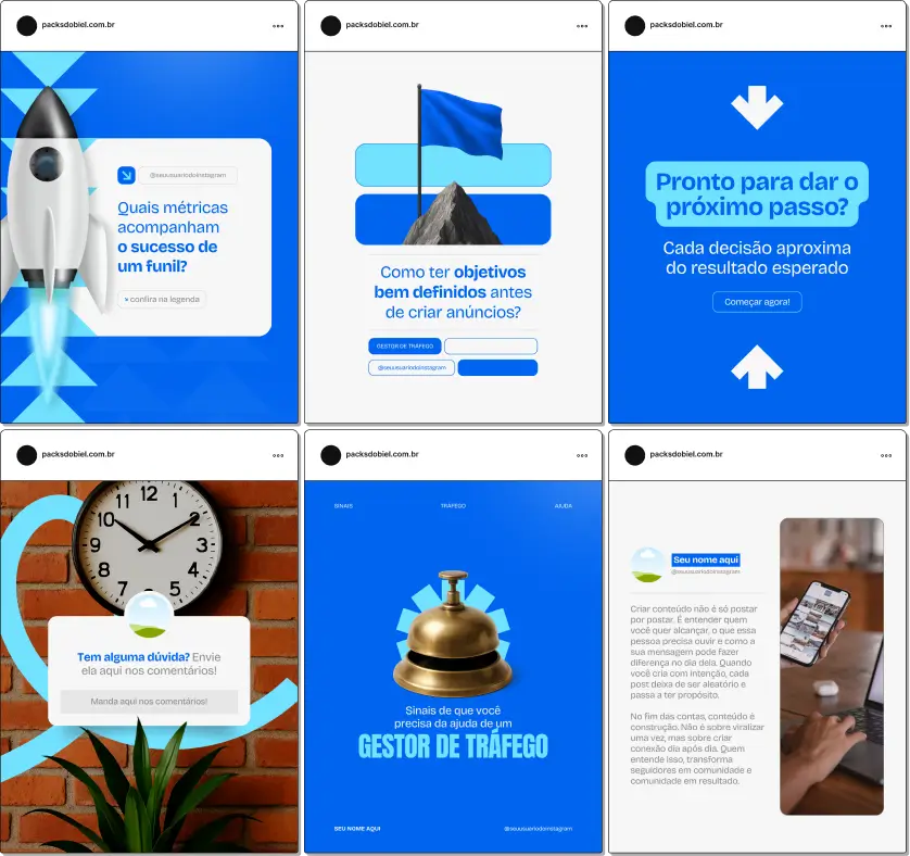 Pack de posts editáveis no Canva para gestor de tráfego que deseja explicar métricas, campanhas, segmentação, otimização e estratégias de anúncios, mantendo um feed organizado e com comunicação clara para atrair clientes.