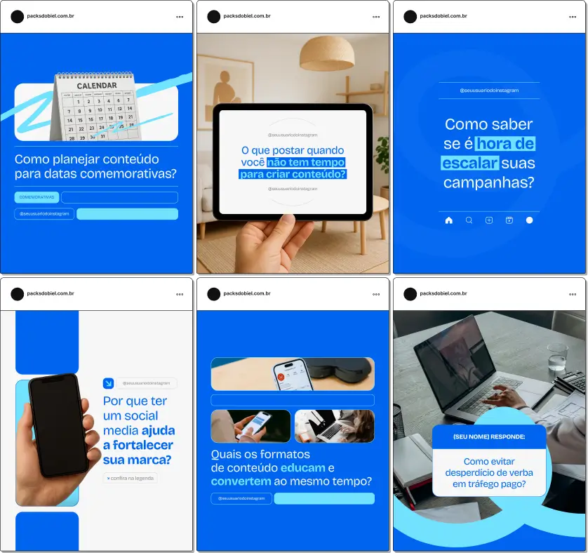 Pack de posts editáveis no Canva para especialistas em tráfego que buscam conteúdos prontos para falar sobre campanhas, orçamento, escalar resultados e análise de dados, mantendo um feed coerente e visualmente atrativo para o público.