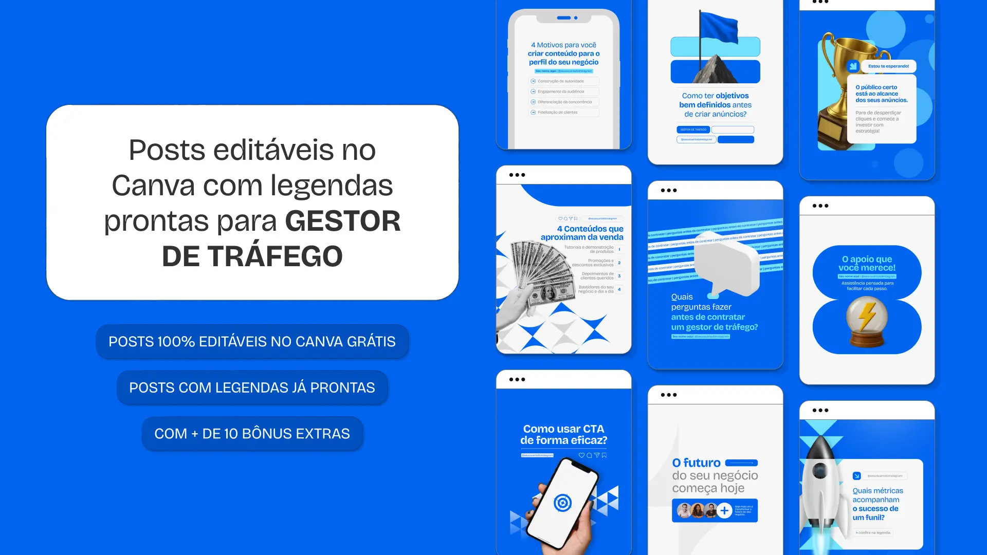 Pack de templates editáveis no Canva para gestor de tráfego que ensina analytics, testes A B, públicos, criativos e estratégias de conversão, ajudando a criar um perfil bem estruturado e educativo para captar novos clientes.