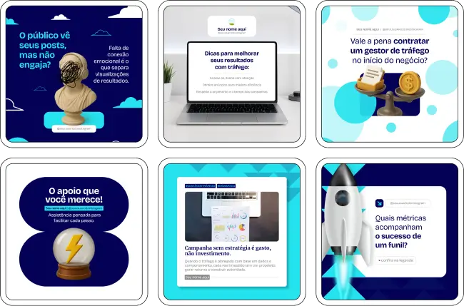 Kit de posts e conteúdos no Canva para Gestor de Tráfego, com templates personalizáveis e artes profissionais para perfis de marketing digital, gestores de anúncios, freelancers e consultores de mídia paga, abordando Facebook Ads, Google Ads, funil de vendas e estratégias de performance.