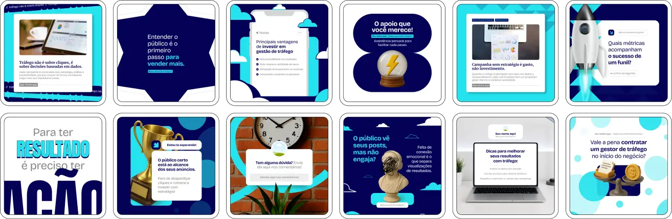 Imagem de um Pack Canva Gestor de Tráfego, com posts editáveis, artes e templates prontos para Instagram e redes sociais, criados para gestores de tráfego, social media e profissionais de marketing digital, com conteúdos sobre tráfego pago, anúncios, métricas e estratégias para conversão e crescimento online.