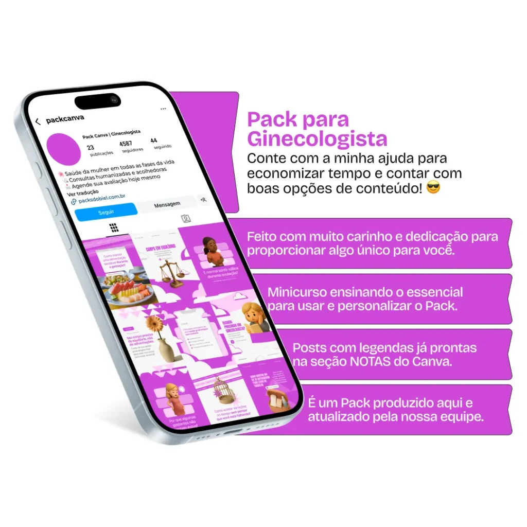 Kit de posts Canva para Ginecologistas – Inclui artes e conteúdos prontos para profissionais compartilharem informações sobre consultas, exames, hábitos saudáveis, contracepção, gestação, doenças ginecológicas e bem-estar feminino. Ideal para aumentar autoridade, engajamento e visibilidade digital no Instagram e redes sociais.
