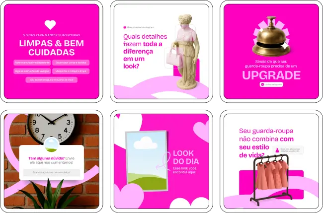 Kit de posts editáveis no Canva para Moda Feminina, com conteúdos sobre looks, combinações de roupas, dicas de estilo e tendências de moda. Perfeito para engajar clientes e fortalecer a presença digital de lojas e marcas femininas.