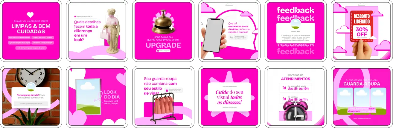 Imagem de um Pack Canva para Loja de Roupas Femininas, com posts e artes editáveis para Instagram. Ideal para marcas de moda feminina, boutiques e e-commerces que desejam divulgar coleções, tendências e promoções de forma atrativa e profissional.