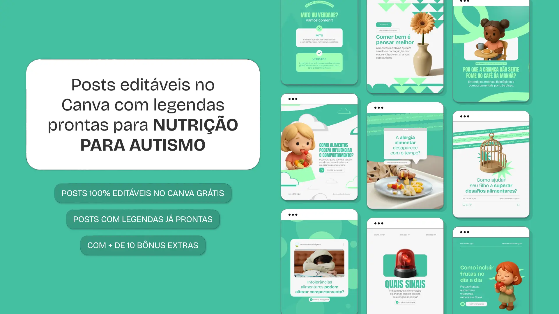 Pack de templates no Canva voltado para nutricionistas que explicam comportamento alimentar, sinais gastrointestinais, planejamento de refeições e acompanhamento nutricional no autismo, garantindo um feed organizado.