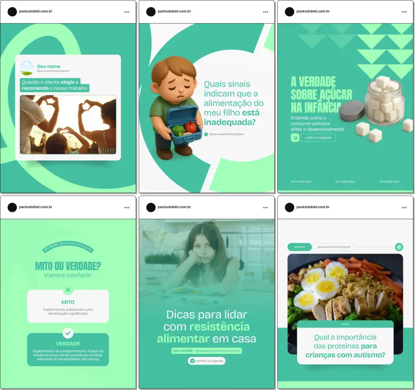 Pack de posts editáveis no Canva para nutricionistas que trabalham com autismo e desejam explicar seletividade alimentar, rotina das refeições, estratégias sensoriais e ajustes nutricionais, criando um feed profissional e educativo.