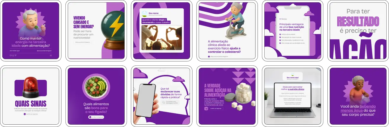 Pack de artes editáveis no Canva para profissionais de nutrição clínica que produzem conteúdo sobre planos alimentares, sintomas relacionados à dieta, ajustes nutricionais e orientação ao paciente, com visual claro e organizado.