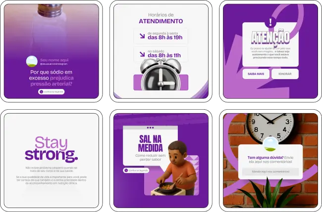 Pack de posts editáveis no Canva voltado para nutricionistas clínicos que orientam sobre manejo dietético, monitoramento de sintomas, suplementação e ajustes na rotina, criando um feed educativo e seguro.