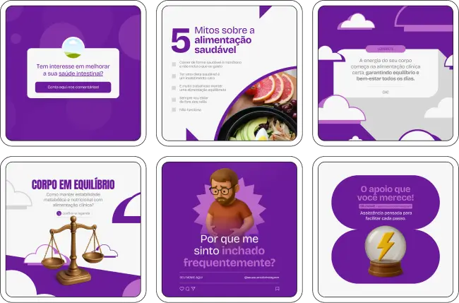 Pack de artes editáveis no Canva para profissionais de nutrição clínica que abordam condições como diabetes, hipertensão, dislipidemia e distúrbios digestivos, oferecendo conteúdo claro e útil para o público.