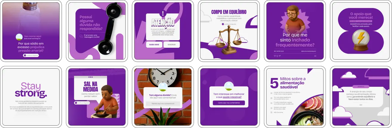 Pack de templates editáveis no Canva para nutricionistas que desejam abordar patologias, recomendações específicas, controle metabólico e evolução do tratamento, mantendo um perfil coerente e confiável.