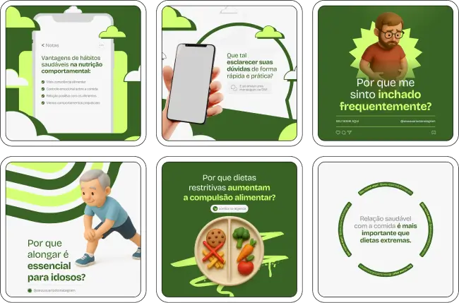 Pack de posts editáveis no Canva para nutricionistas comportamentais, utilizando palavras-chave como psicologia alimentar, autocontrole, hábitos saudáveis, consciência alimentar e orientação prática para clientes. Perfeito para transmitir credibilidade com um visual educativo e acolhedor.