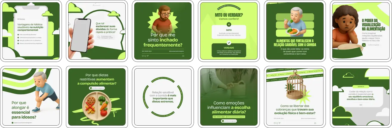 Pack de posts e artes editáveis no Canva para Nutrição Comportamental, com palavras-chave como hábitos alimentares, comportamento alimentar, psicologia da alimentação, escolhas conscientes e reeducação alimentar. Ideal para perfis que desejam um feed organizado, educativo e confiável.
