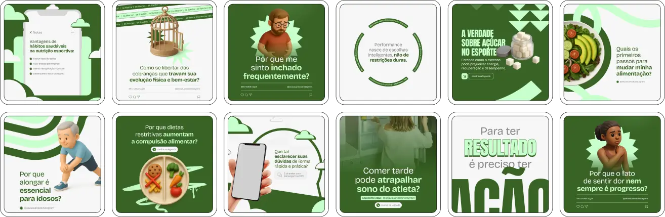 Pack de posts e artes editáveis no Canva para Nutrição Esportiva, com palavras-chave como desempenho, alimentação para treinos, recuperação muscular, energia e orientação nutricional para praticantes de atividade física. Ideal para perfis que querem um feed organizado e profissional.