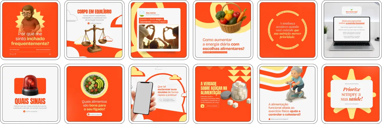 Pack de artes editáveis no Canva para profissionais de nutrição funcional que produzem conteúdo sobre rotina alimentar, microbiota, metabolismo e qualidade de vida, fortalecendo a presença no Instagram com clareza e organização.