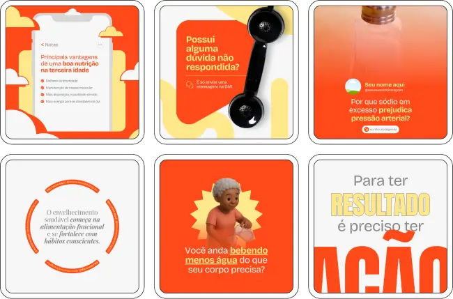 Pack de posts editáveis no Canva para especialistas em nutrição funcional que falam sobre energia, digestão, imunidade e escolhas naturais, ajudando a educar o público com um feed consistente e atrativo.
