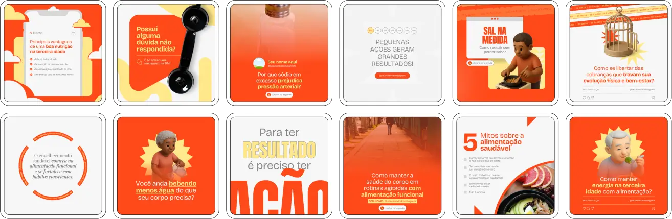 Pack de artes editáveis no Canva para profissionais de nutrição funcional que querem compartilhar conteúdos sobre detox natural, densidade nutricional, equilíbrio do prato e estilo de vida, criando um perfil informativo e confiável.