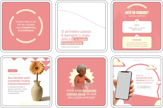 Pack de posts e artes editáveis no Canva para Nutrição Geriátrica, voltado para profissionais da saúde do idoso, que desejam organizar o feed do Instagram, aumentar o engajamento e transmitir profissionalismo com uma comunicação visual coerente e confiável.