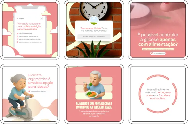 Kit de posts e templates no Canva para Nutrição Geriátrica, com materiais personalizáveis e design limpo, desenvolvido para nutricionistas, geriatras e clínicas de cuidados ao idoso, que buscam construir autoridade, melhorar a identidade visual e se destacar no Instagram e nas redes sociais.