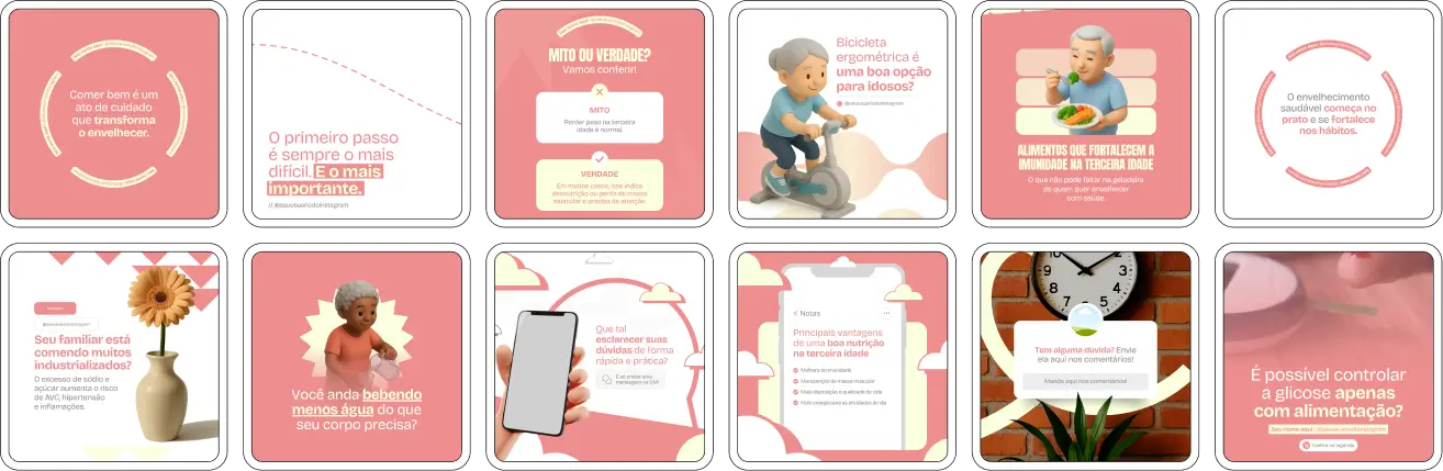 Imagem de um Pack Canva Nutrição Geriátrica, com posts, templates e artes editáveis para Instagram e redes sociais, ideal para nutricionistas geriátricos, profissionais de saúde do idoso e consultórios especializados, que desejam fortalecer a presença digital, comunicar serviços com credibilidade e manter um perfil profissional e organizado.