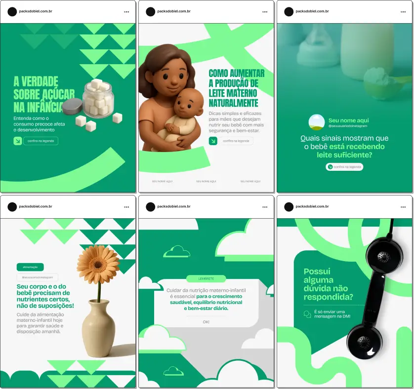 Pack de templates editáveis no Canva para Nutrição Materno-Infantil, voltado para conteúdos sobre dieta equilibrada durante a gestação, amamentação, suplementação, hábitos saudáveis e cuidados nutricionais para mãe e bebê. Ajuda a manter o Instagram claro, coerente e profissional.