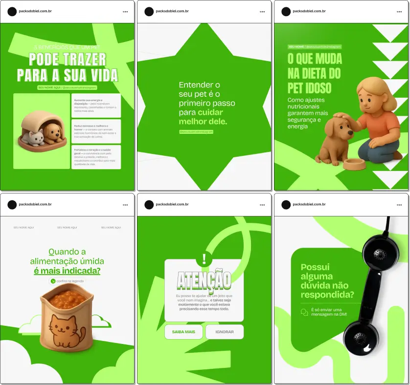 Pack de posts editáveis no Canva para profissionais de Nutrição Veterinária, usando palavras-chave como alimentação saudável, dietas terapêuticas, cuidado com pets, rotina alimentar e educação de tutores. Ideal para fortalecer a presença digital com conteúdo confiável.