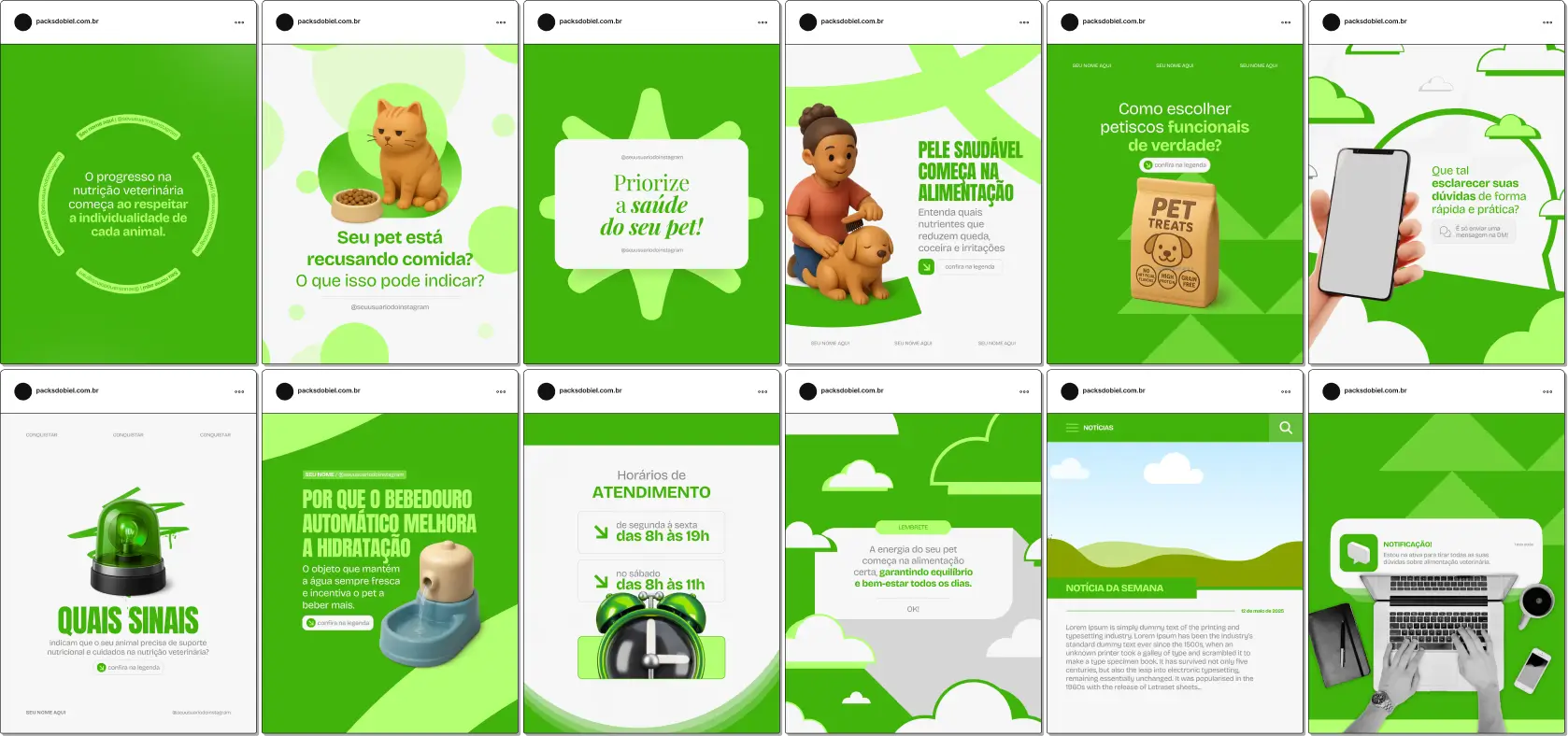 Pack de artes editáveis no Canva para Nutrição Veterinária, com foco em orientação para tutores, dietas especiais, saúde geral dos pets, manejo alimentar e educação nutricional. Ideal para perfis que buscam transmitir confiança e informação de qualidade.