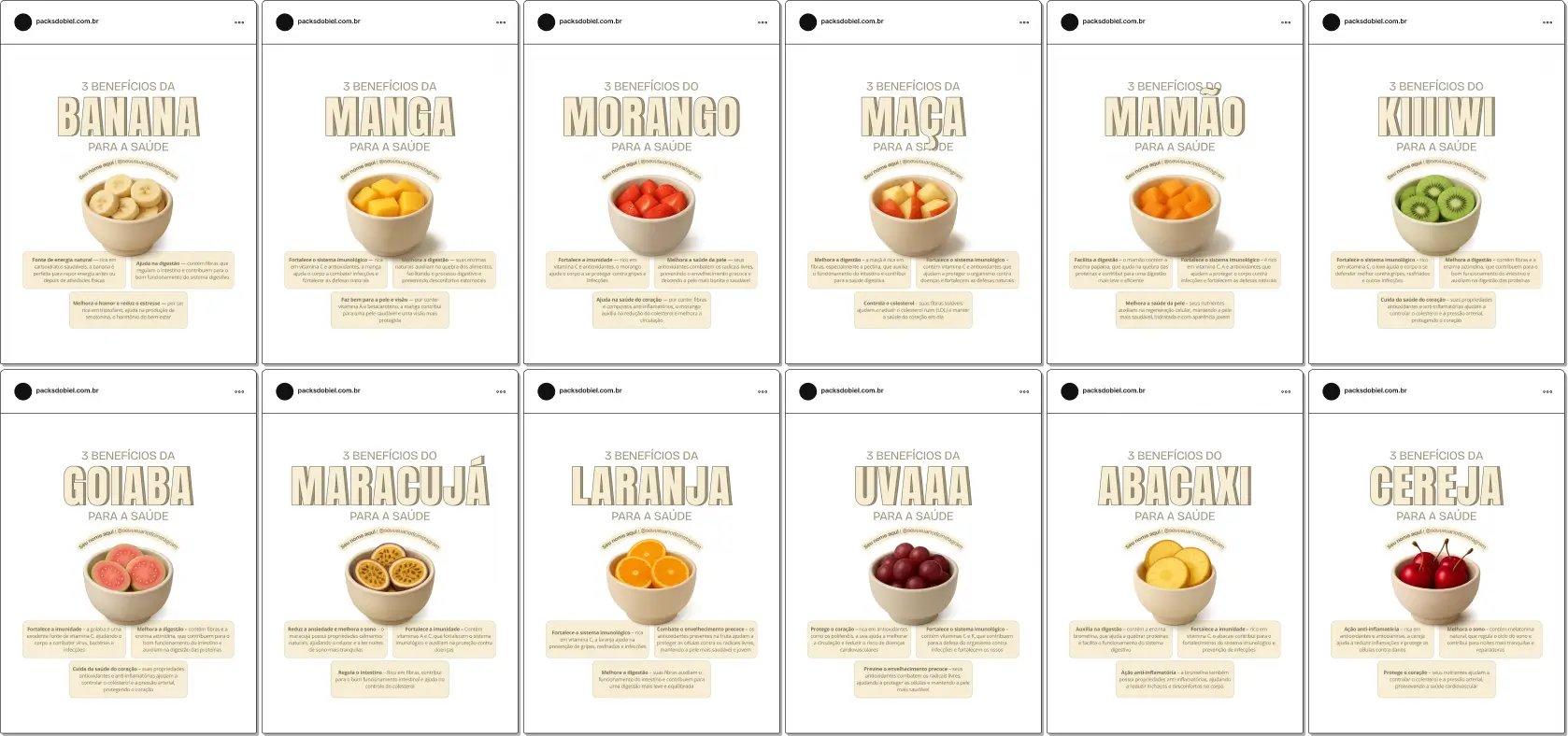 Pack de posts e conteúdos no Canva sobre benefícios das frutas, com designs editáveis para Instagram, mostrando informações sobre vitaminas, minerais e efeitos positivos no organismo, ideal para nutricionistas e influenciadores que divulgam alimentação equilibrada e natural.