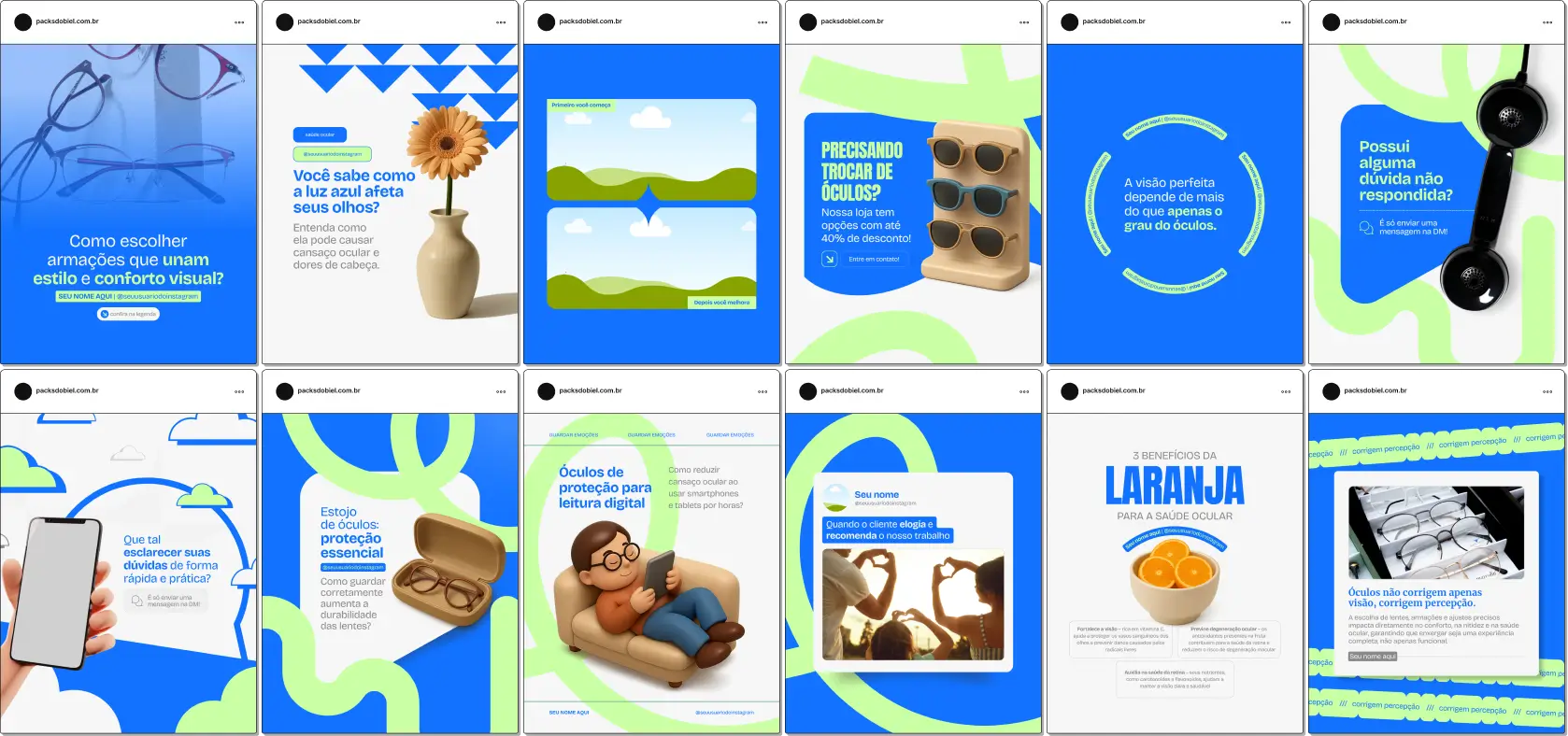 Kit de posts e templates no Canva para Óticas, com materiais personalizáveis e design moderno, desenvolvido para lojas de óculos e profissionais do setor óptico, que buscam fortalecer a autoridade online, melhorar a identidade visual e destacar o perfil no Instagram.