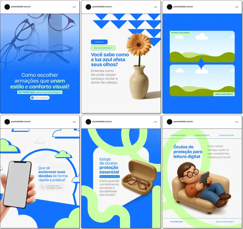 Pack de posts editáveis e artes no Canva para Óticas, voltado para ópticas, consultórios de optometria e profissionais de lentes e armações, que desejam organizar o perfil do Instagram, aumentar engajamento e transmitir credibilidade nas redes sociais.