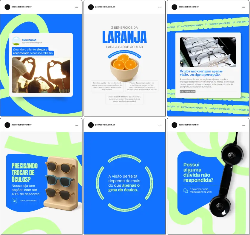 Imagem de um Pack Canva Óticas, com posts, templates e artes editáveis para Instagram e redes sociais, ideal para lojas de óculos, óticas, consultórios de optometria e profissionais do setor óptico, que desejam fortalecer a presença digital, engajar clientes e criar um perfil visualmente atrativo e profissional.