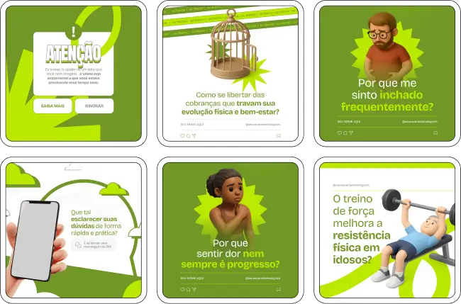 Pack de posts editáveis e artes no Canva para Personal Trainer, voltado para profissionais de fitness e academias, que desejam organizar o perfil do Instagram, aumentar engajamento e reforçar a presença digital de forma estratégica.