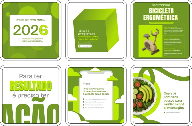 Kit de posts e templates no Canva para Personal Trainer, com materiais personalizáveis e design moderno, desenvolvido para personal trainers e estúdios de treino, que buscam fortalecer a autoridade online, melhorar a identidade visual e destacar o perfil no Instagram.
