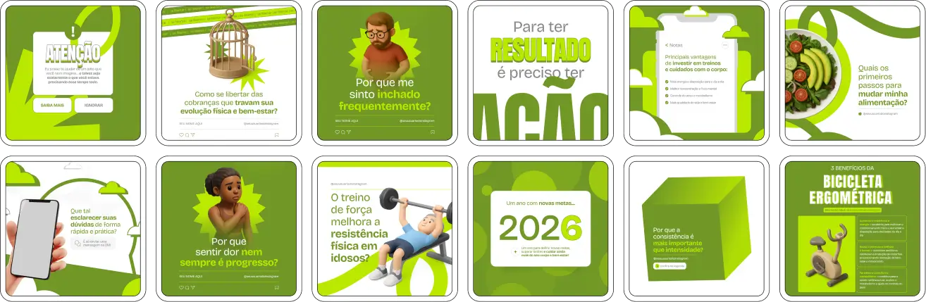 Imagem de um Pack Canva Personal Trainer, com posts, templates e artes editáveis para Instagram e redes sociais, ideal para profissionais de educação física, personal trainers e academias, que desejam fortalecer a presença digital, engajar clientes e criar um perfil visualmente atrativo e profissional.