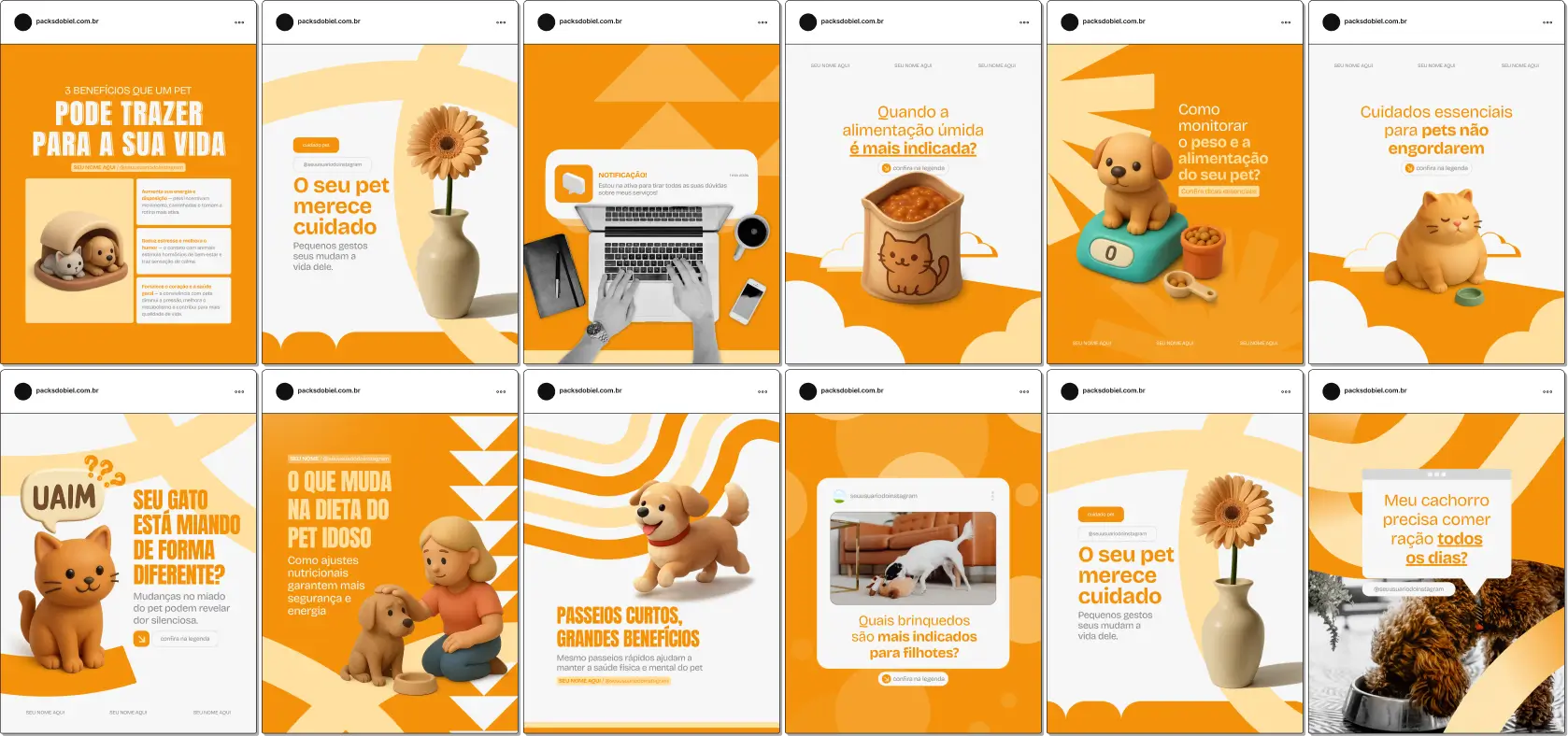 Pack de artes editáveis no Canva para Pet Sitter, abordando temas como bem-estar animal, acompanhamento diário, carinho e atenção, segurança e confiança para os tutores. Feito para perfis que buscam transmitir credibilidade e cuidado.