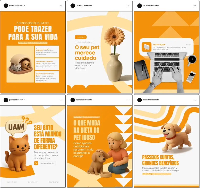 Pack de templates editáveis no Canva para Pet Sitter, focado em cuidados com cães e gatos, passeios supervisionados, checklists de atenção, prevenção de problemas e comunicação com tutores. Perfeito para profissionais que desejam reforçar autoridade no Instagram.