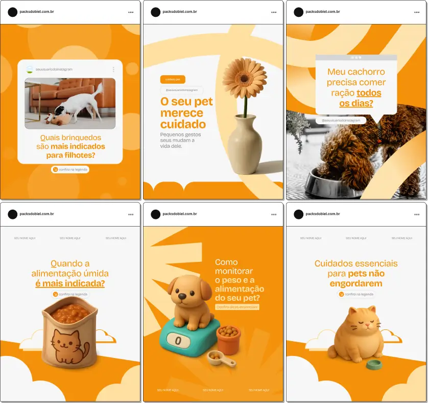 Pack de posts editáveis no Canva para Pet Sitter, com palavras-chave como monitoramento de pets, rotina saudável, socialização, alimentação adequada e comportamento dos animais. Ideal para manter o feed organizado e informativo.