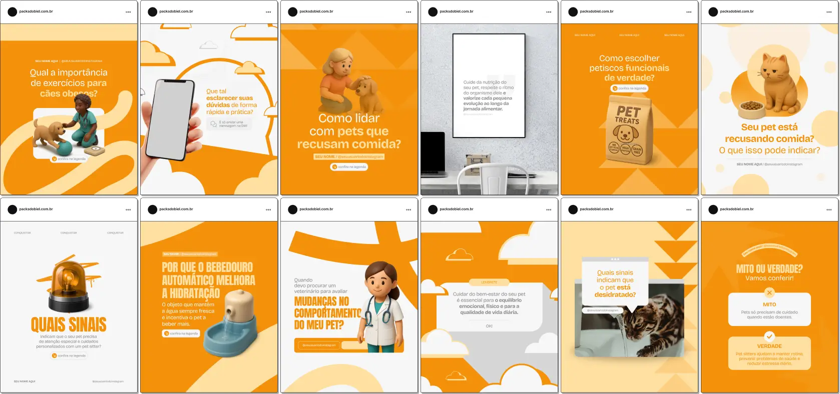 Pack de templates editáveis no Canva para Pet Sitter, voltado para conteúdos sobre alimentação, passeios, socialização, monitoramento e saúde de cães e gatos. Perfeito para quem quer transmitir profissionalismo e clareza no Instagram.